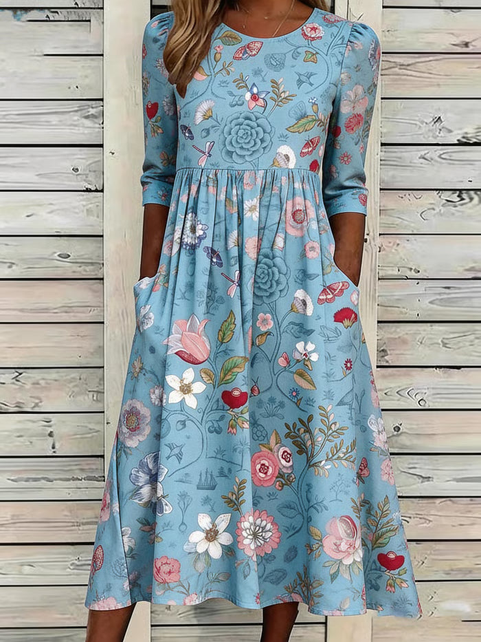 Isolla | Floral Midi Dress with Three Quarter Sleeves and Pockets
