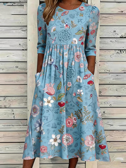 Isolla | Floral Midi Dress with Three Quarter Sleeves and Pockets