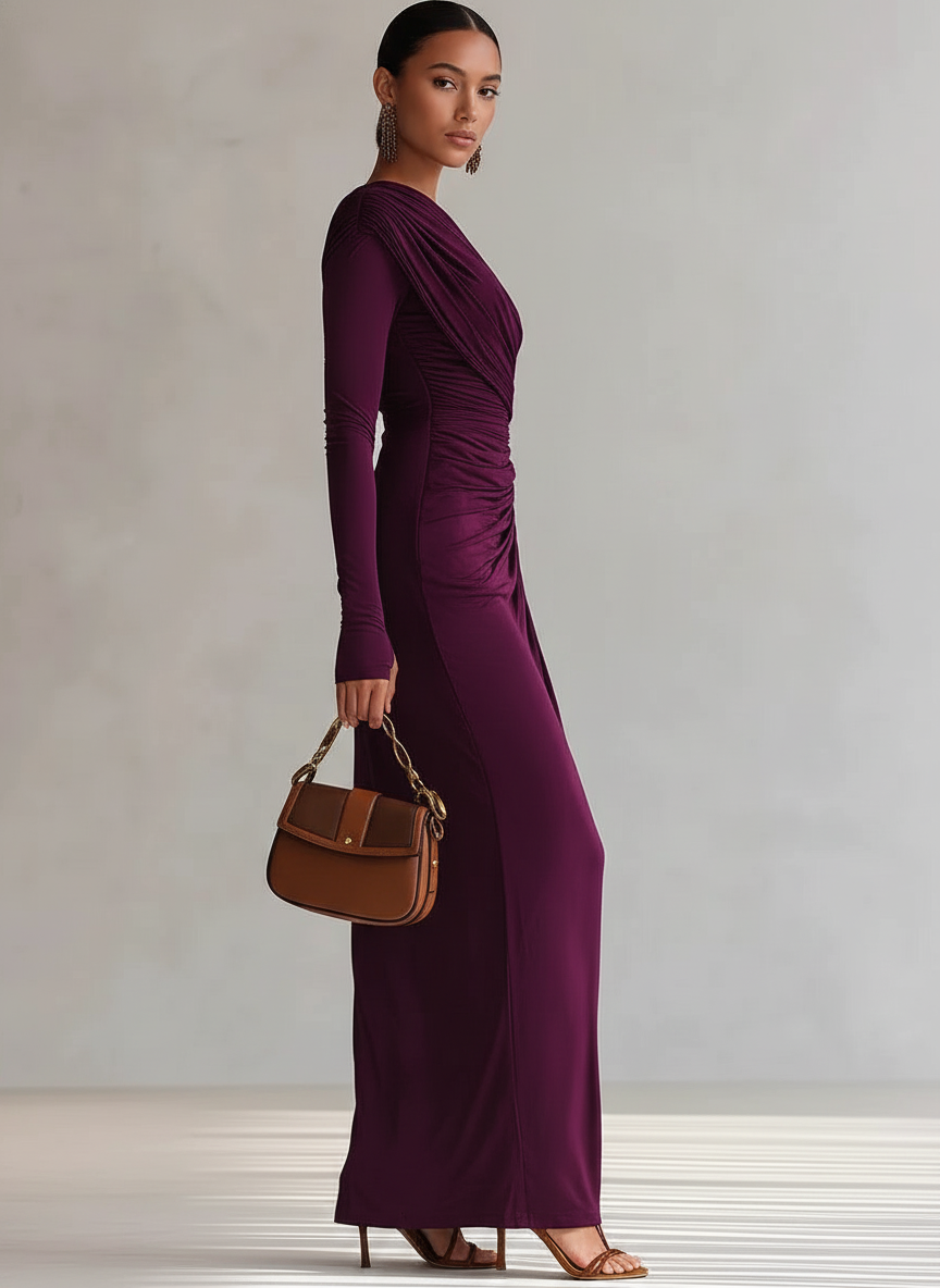Evanthe | Solid-Tone Ruched One Shoulder Maxi Dress with Thigh Slit and Single Sleeve