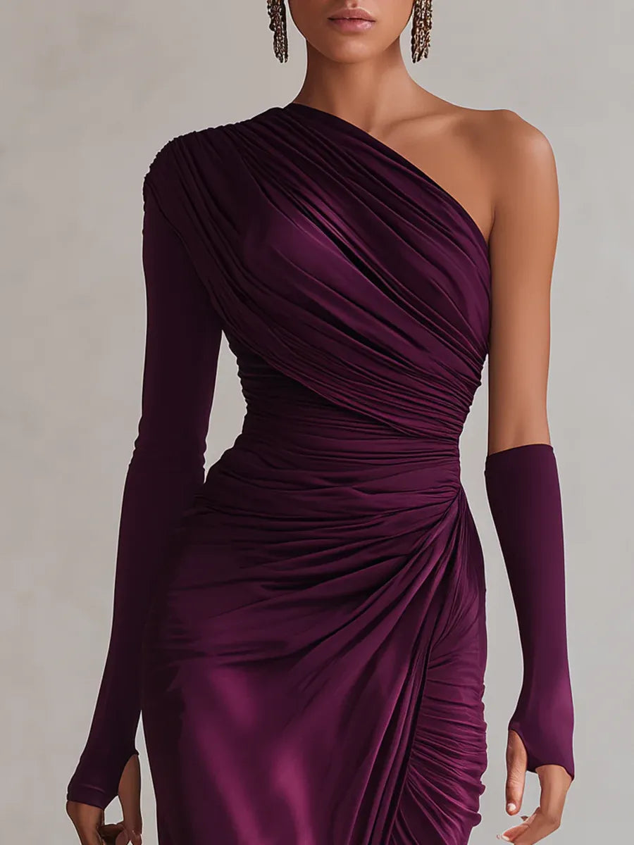Evanthe | Solid-Tone Ruched One Shoulder Maxi Dress with Thigh Slit and Single Sleeve