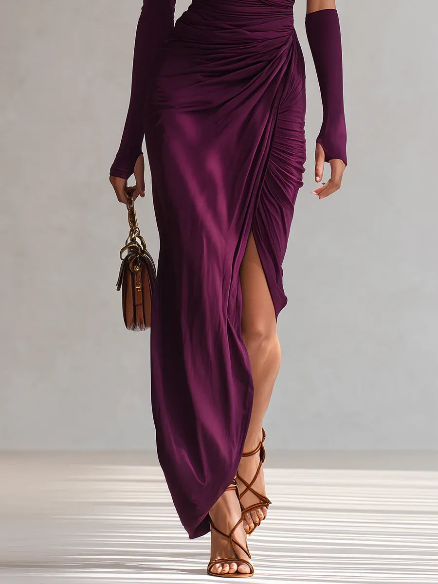 Evanthe | Solid-Tone Ruched One Shoulder Maxi Dress with Thigh Slit and Single Sleeve