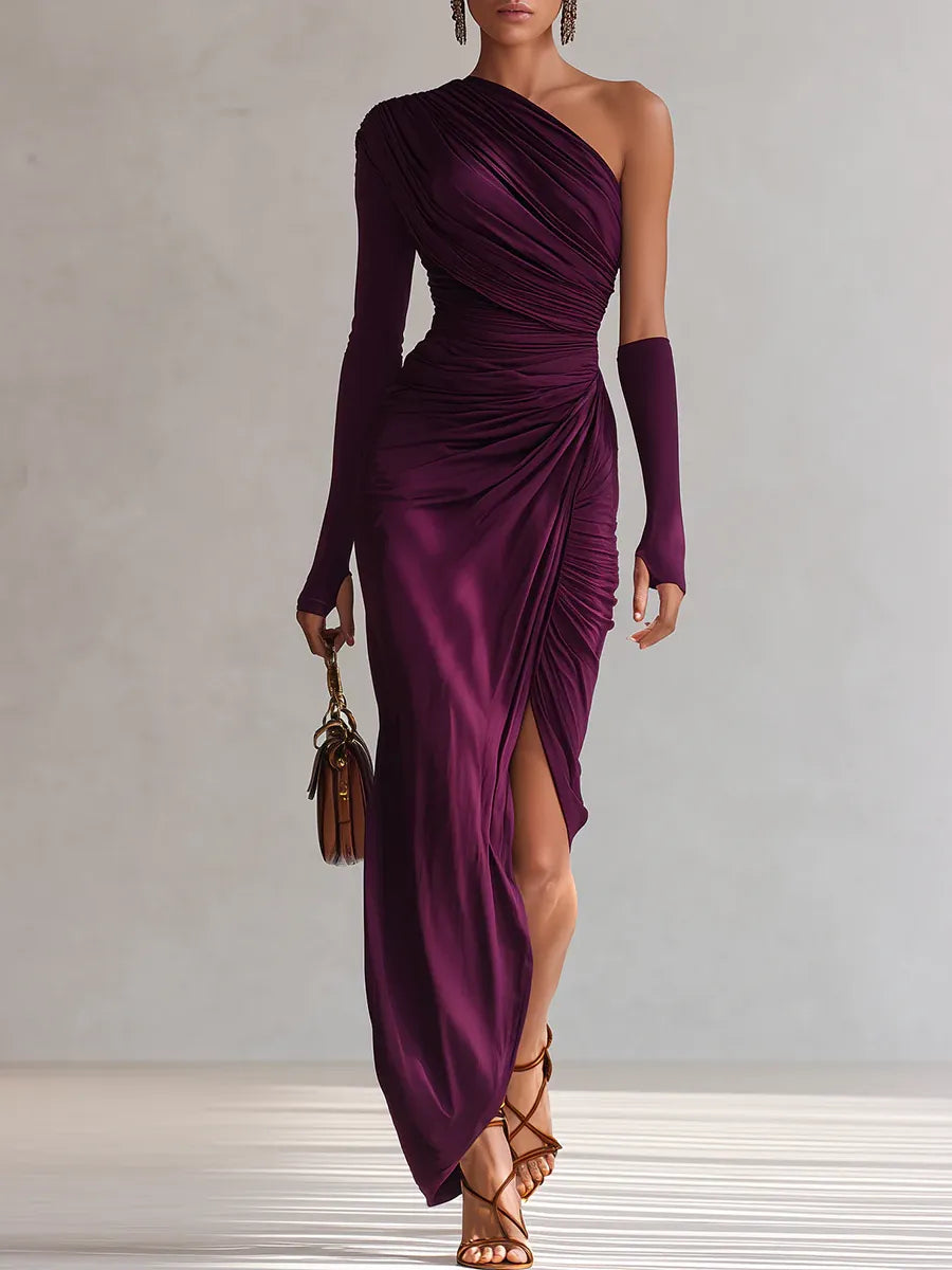 Evanthe | Solid-Tone Ruched One Shoulder Maxi Dress with Thigh Slit and Single Sleeve