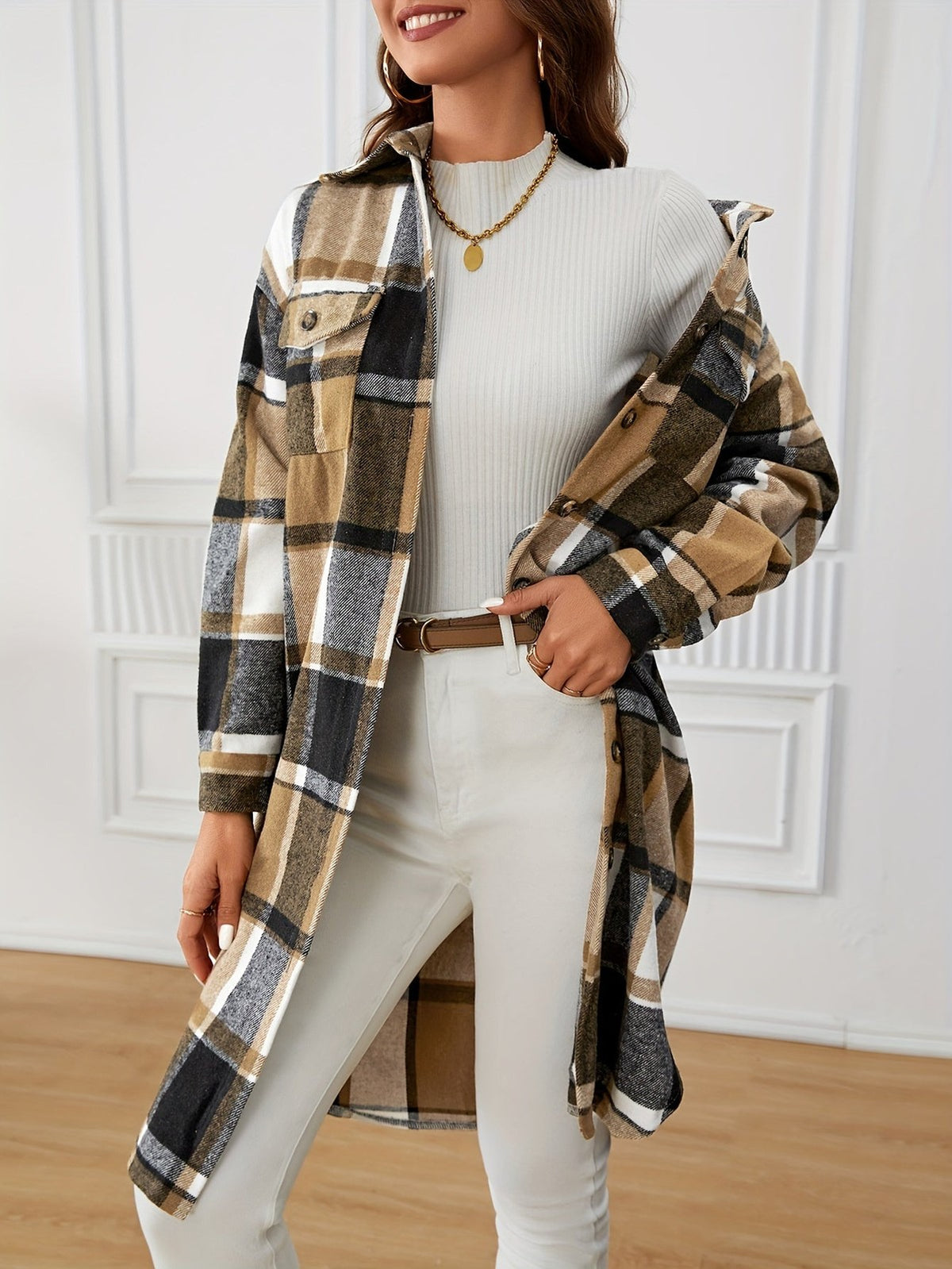 Yolaine | Women's Longline Plaid Coat for Winter