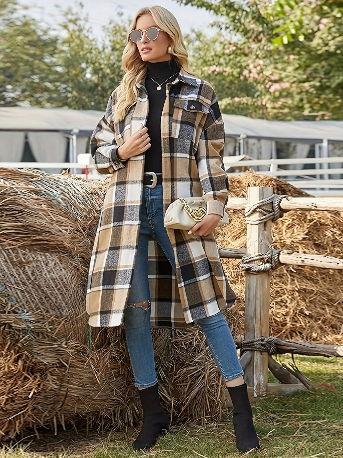 Yolaine | Women's Longline Plaid Coat for Winter
