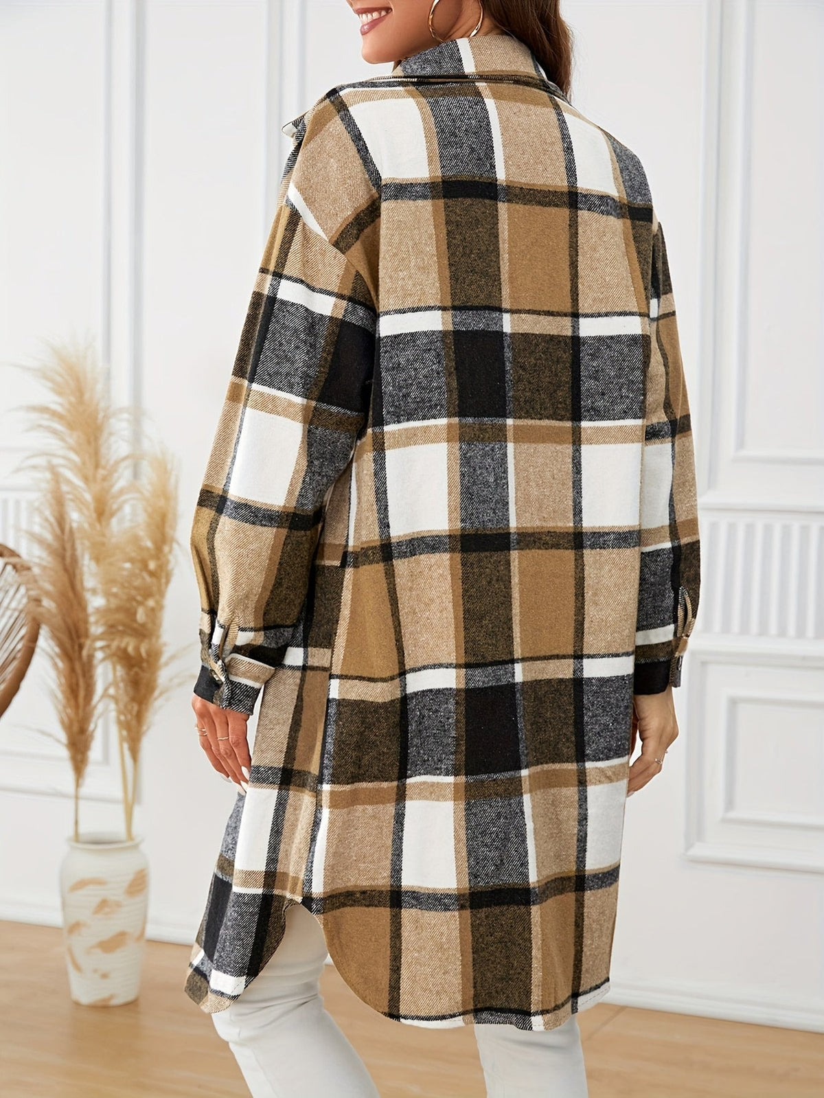 Yolaine | Women's Longline Plaid Coat for Winter
