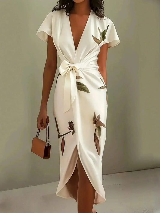 Solenya | Wedding guest wrap dress with Short Sleeves and V Neck