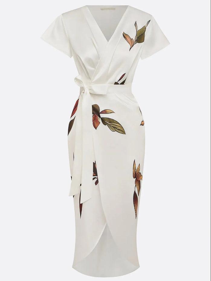 Solenya | Wedding guest wrap dress with Short Sleeves and V Neck