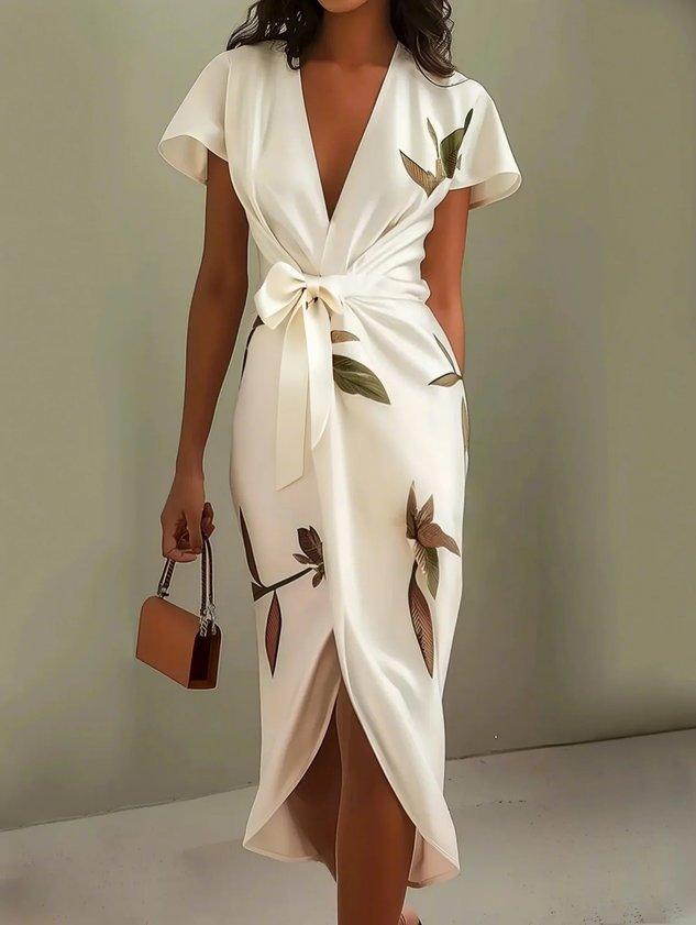 Solenya | Wedding guest wrap dress with Short Sleeves and V Neck