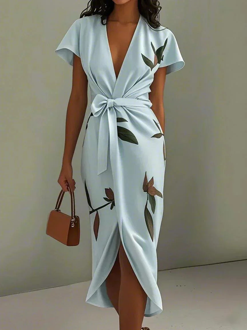 Solenya | Wedding guest wrap dress with Short Sleeves and V Neck
