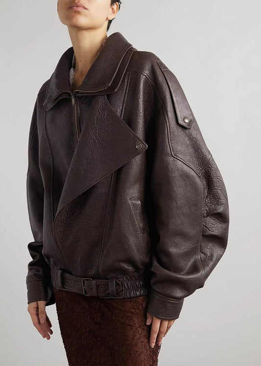 Solvig | Leather Bomber Jacket with Zipper Closure and Belted Waist