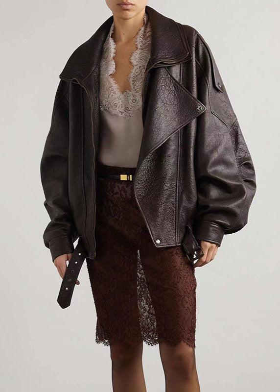 Solvig | Leather Bomber Jacket with Zipper Closure and Belted Waist