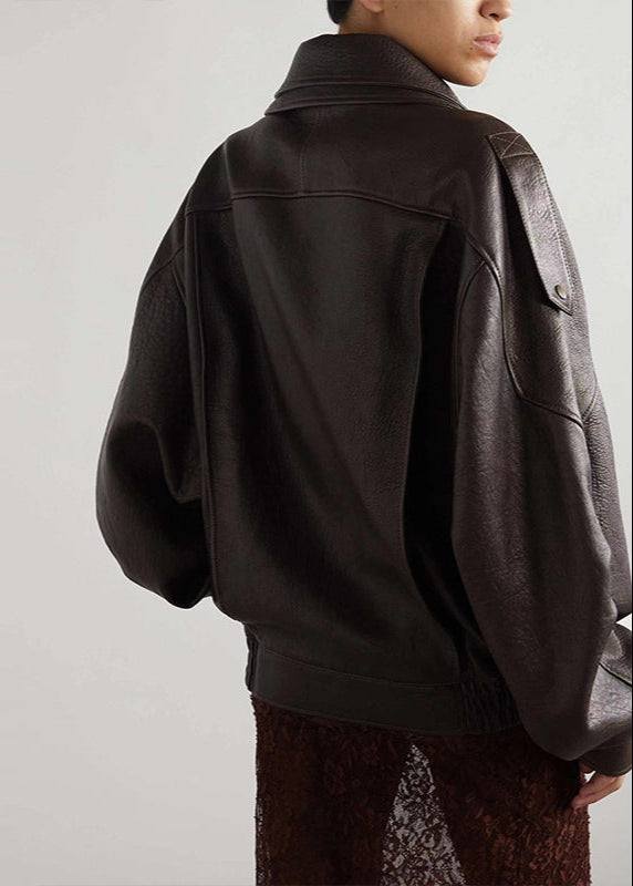 Solvig | Leather Bomber Jacket with Zipper Closure and Belted Waist
