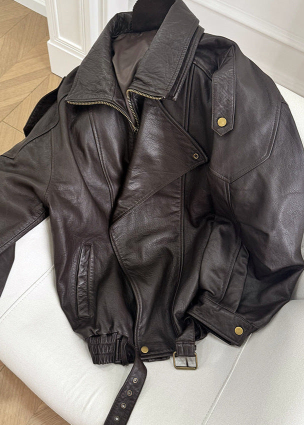 Solvig | Leather Bomber Jacket with Zipper Closure and Belted Waist