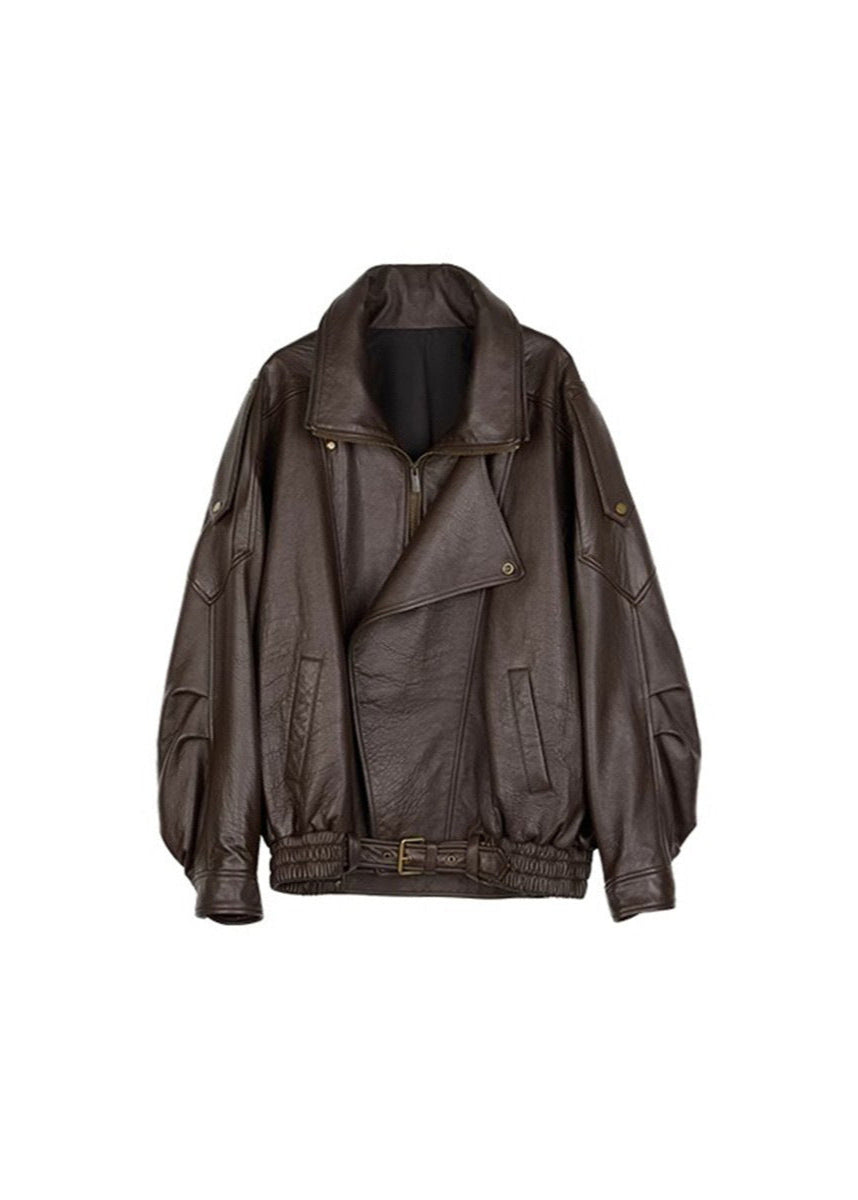 Solvig | Leather Bomber Jacket with Zipper Closure and Belted Waist