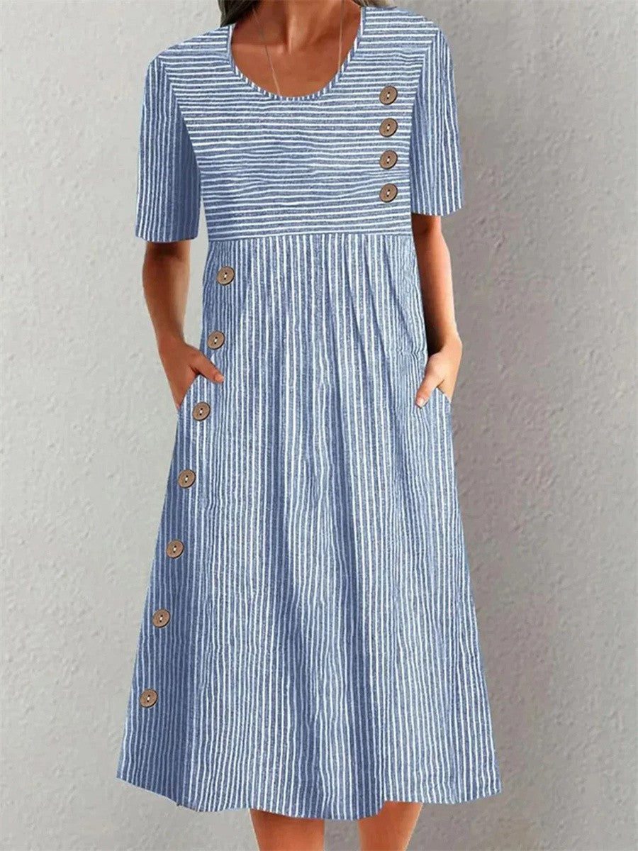 Elodie | Striped Summer Shirt Midi Dress with Pockets and Round Neck