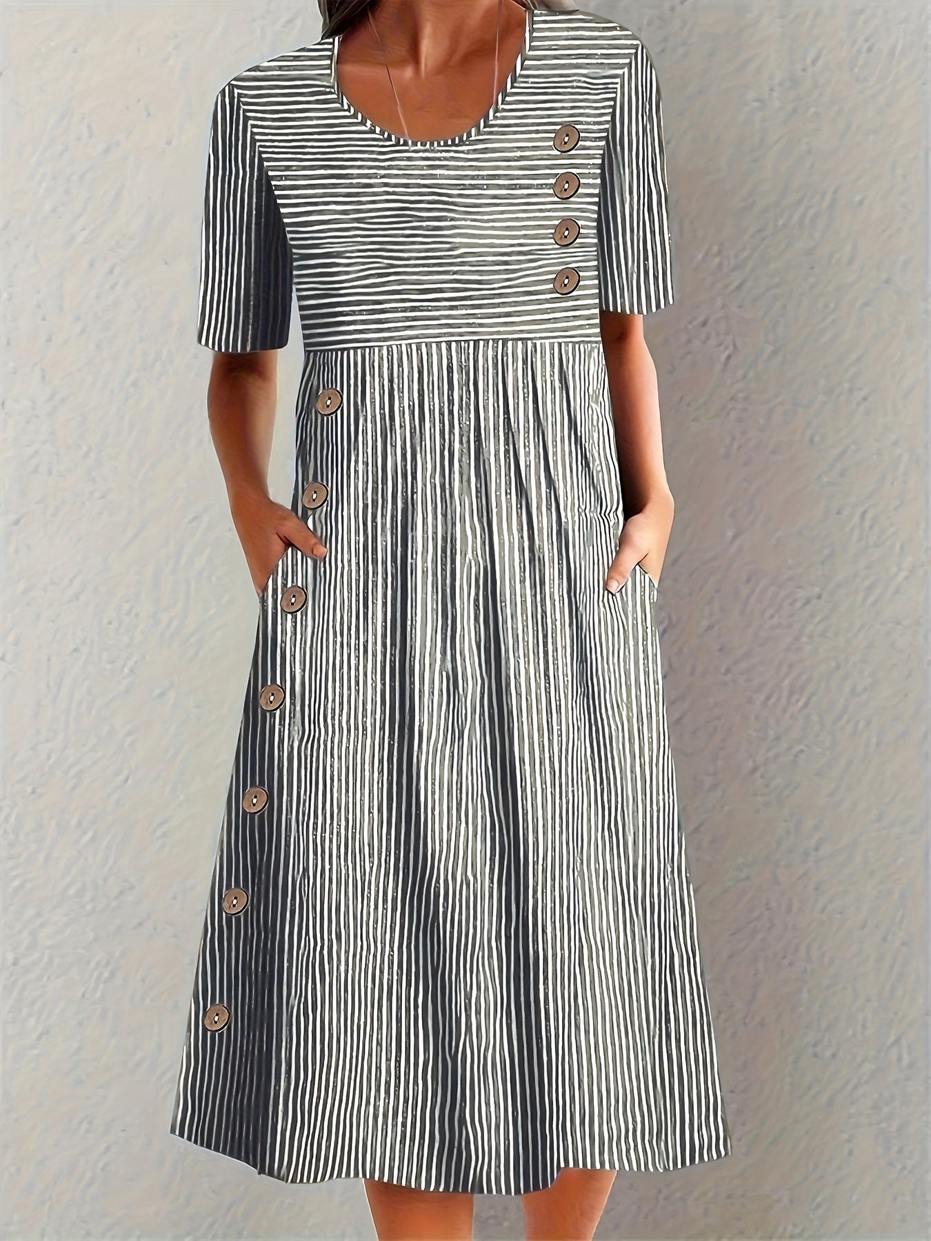 Elodie | Striped Summer Shirt Midi Dress with Pockets and Round Neck