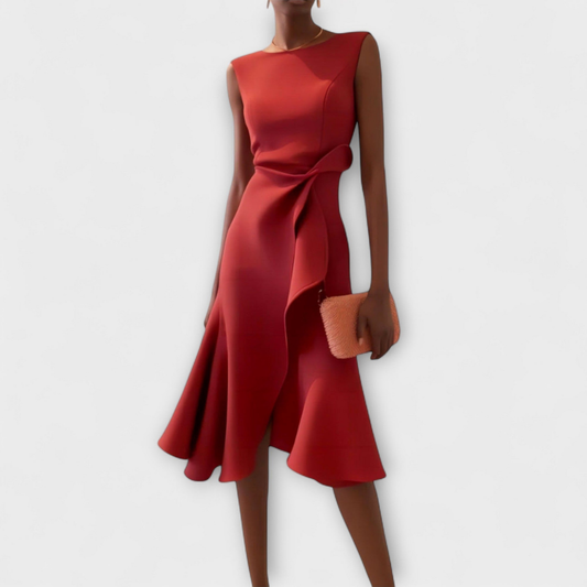 Scarla | Stretch Sleeveless Draped Knot Ruffle Midi Dress