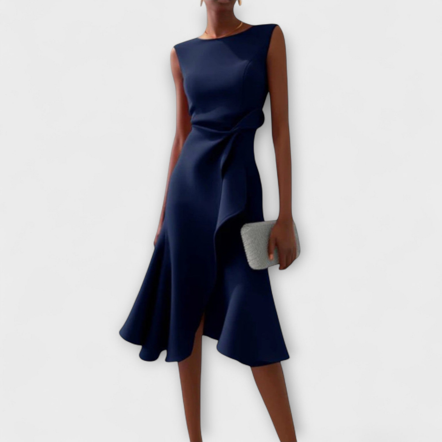 Scarla | Stretch Sleeveless Draped Knot Ruffle Midi Dress
