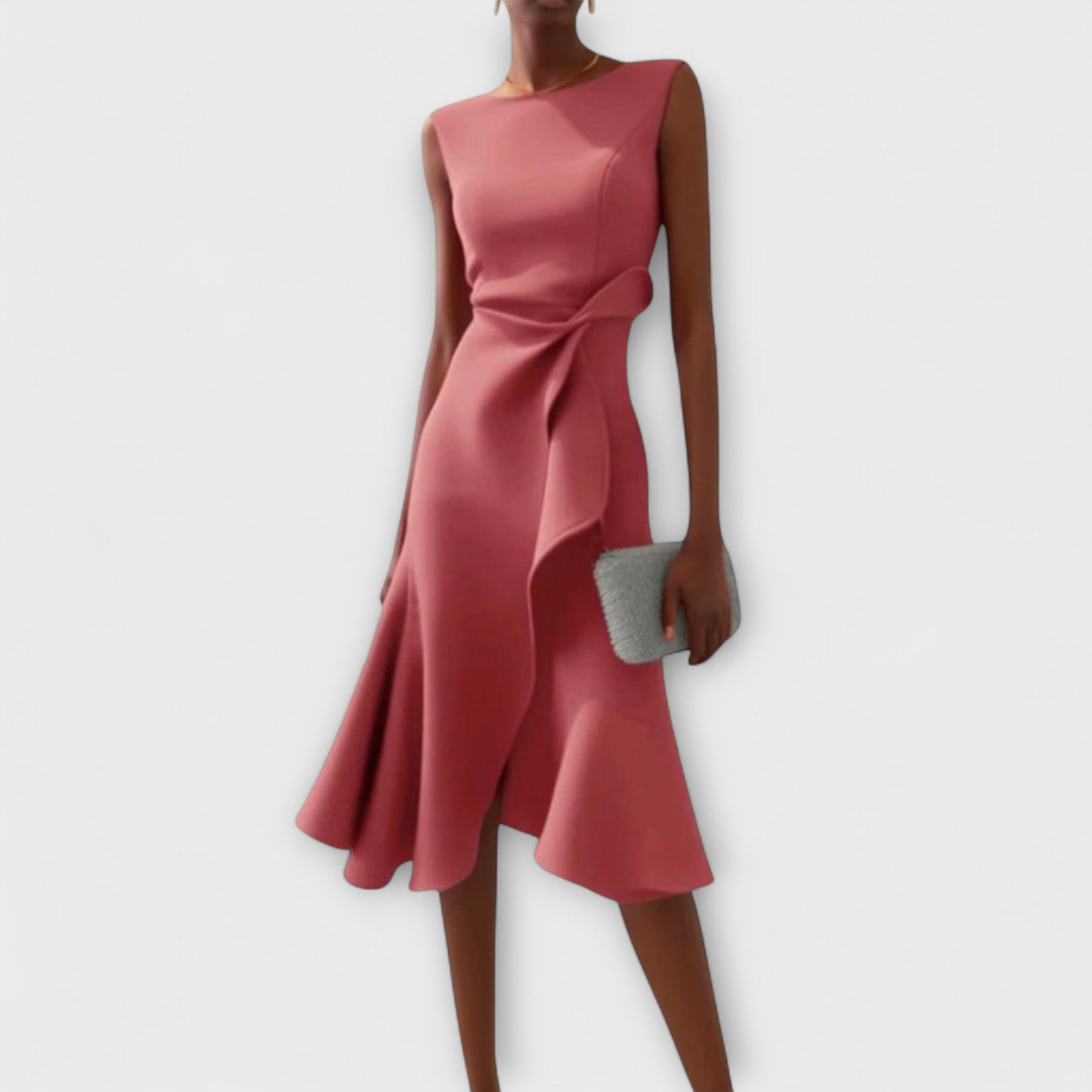 Scarla | Stretch Sleeveless Draped Knot Ruffle Midi Dress