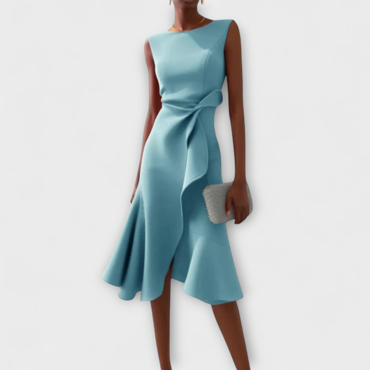 Scarla | Stretch Sleeveless Draped Knot Ruffle Midi Dress