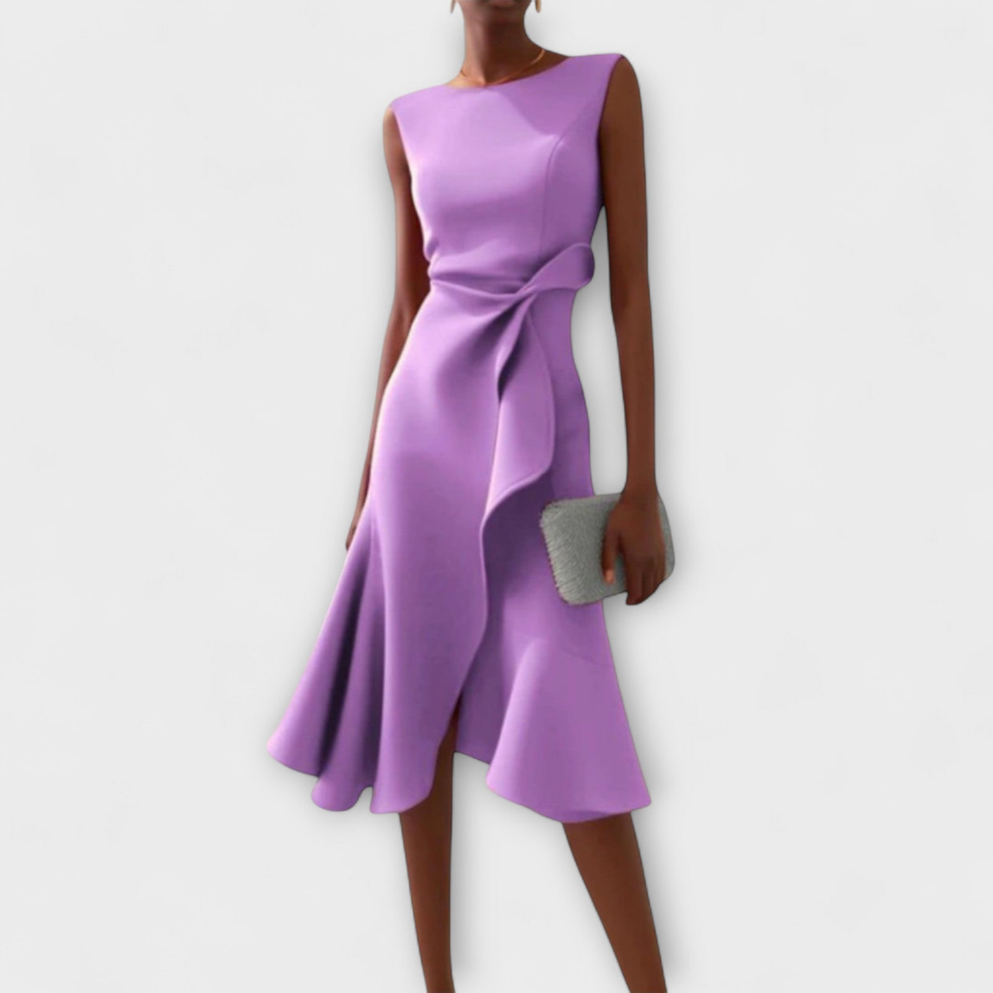 Scarla | Stretch Sleeveless Draped Knot Ruffle Midi Dress