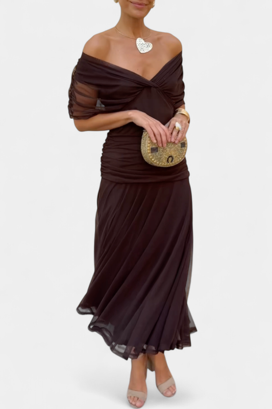 Celene | Chiffon Off-Shoulder Ruched Twist-Front Midi Dress