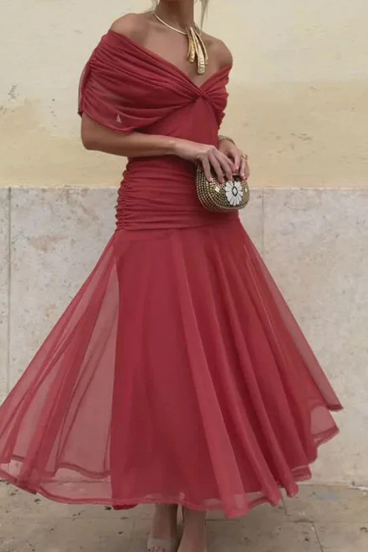 Celene | Chiffon Off-Shoulder Ruched Twist-Front Midi Dress