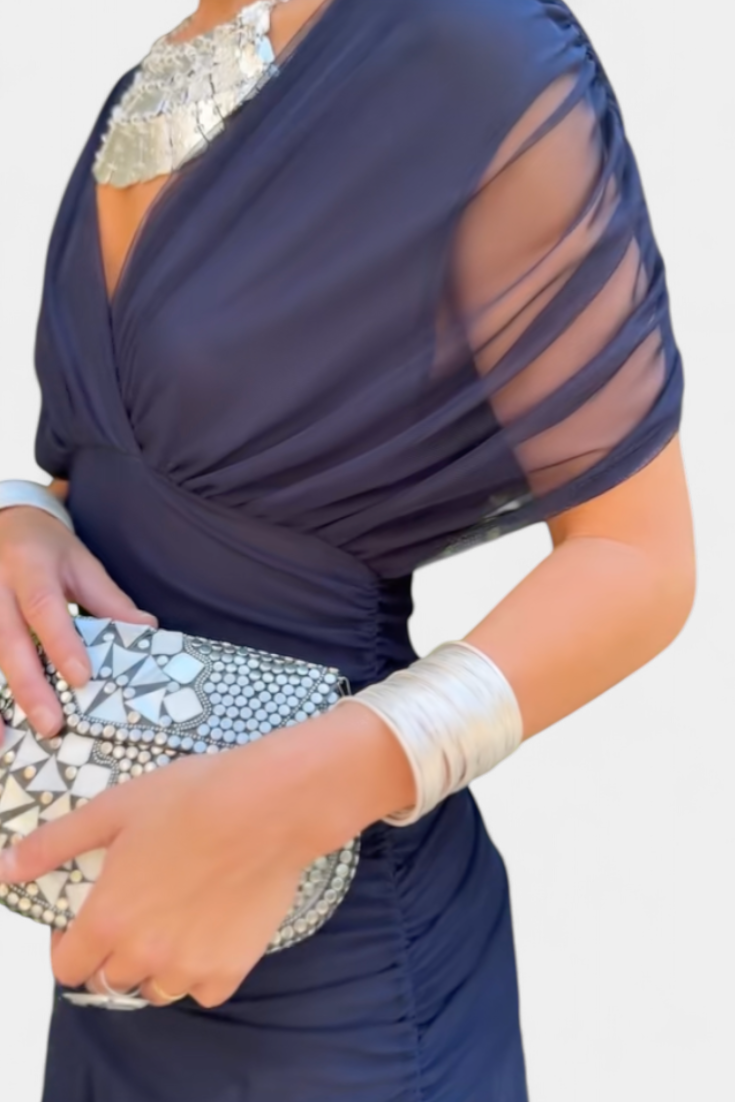Celene | Chiffon Off-Shoulder Ruched Twist-Front Midi Dress