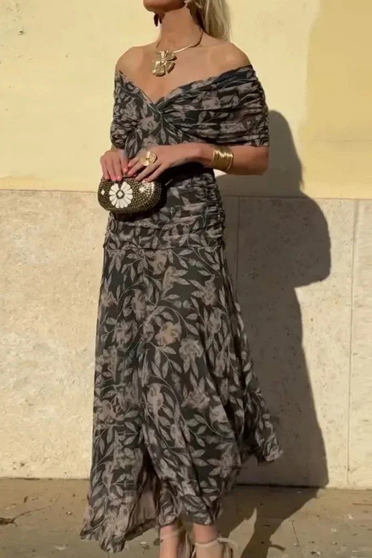 Celene | Chiffon Off-Shoulder Ruched Twist-Front Midi Dress