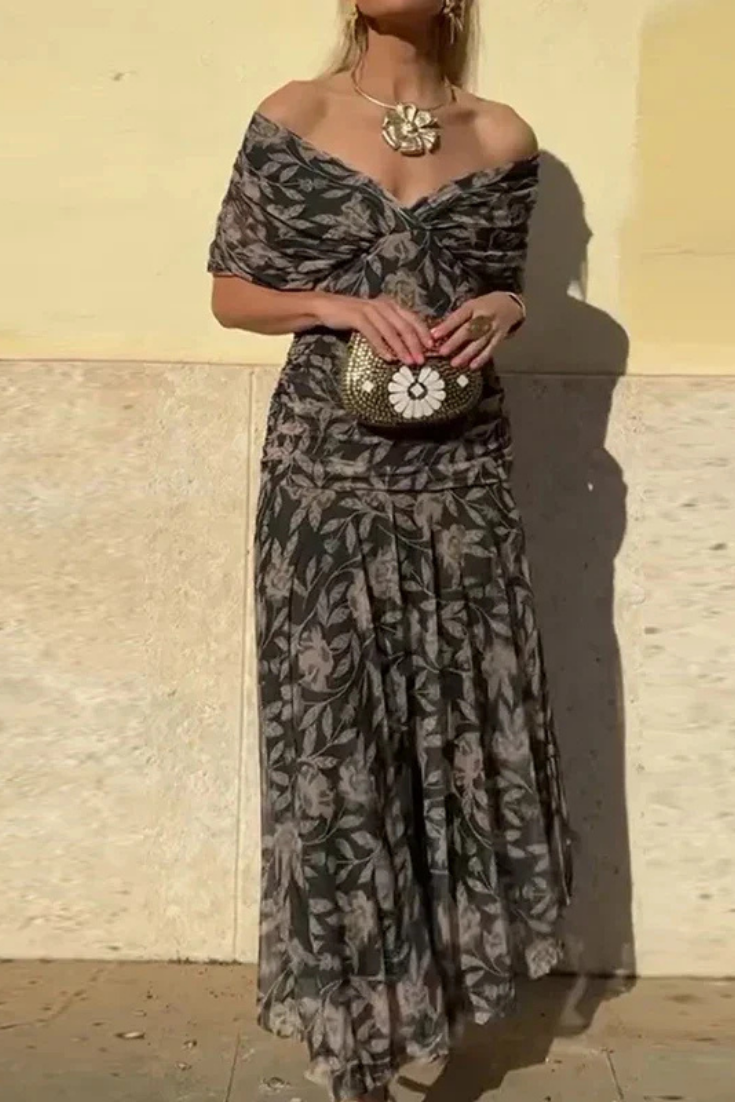 Celene | Chiffon Off-Shoulder Ruched Twist-Front Midi Dress