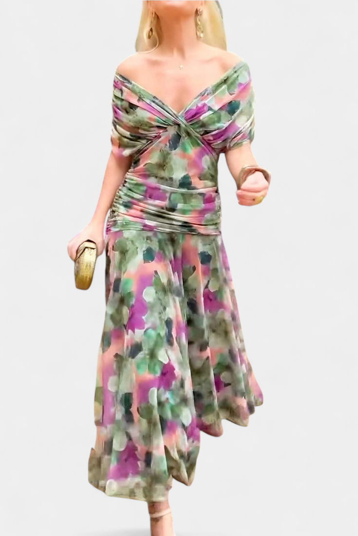 Celene | Chiffon Off-Shoulder Ruched Twist-Front Midi Dress