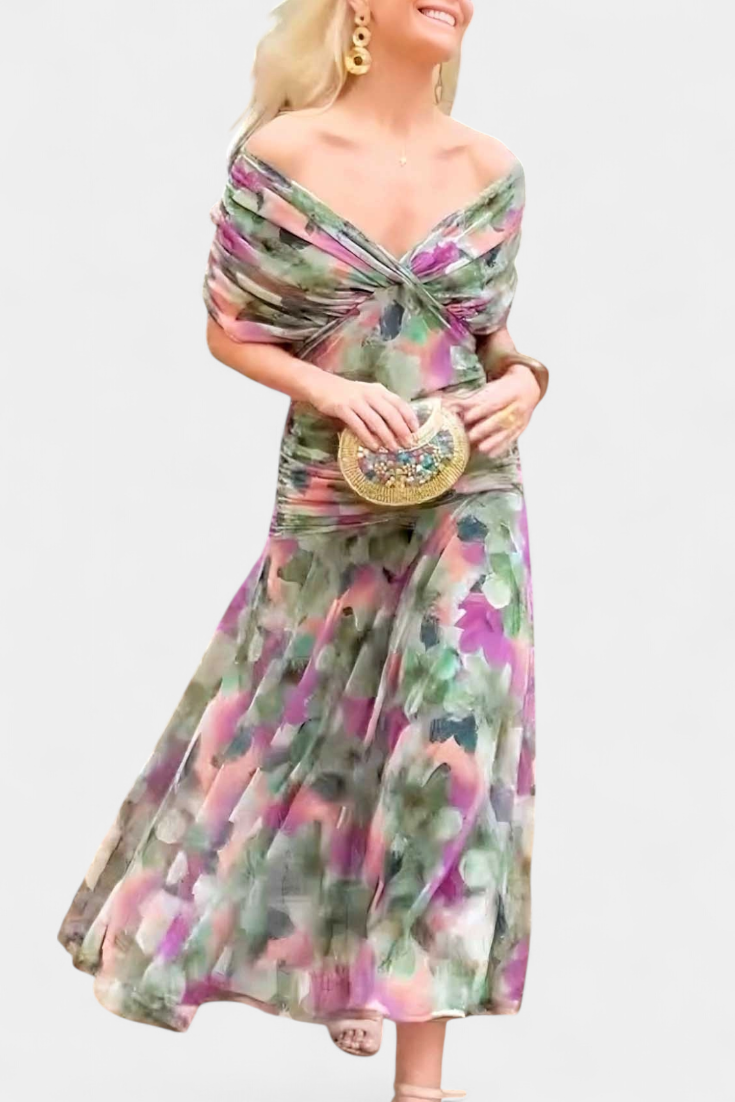Celene | Chiffon Off-Shoulder Ruched Twist-Front Midi Dress