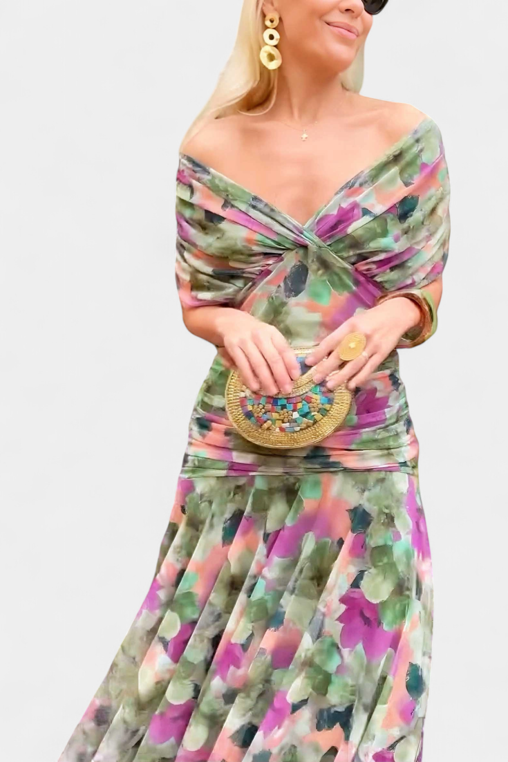 Celene | Chiffon Off-Shoulder Ruched Twist-Front Midi Dress