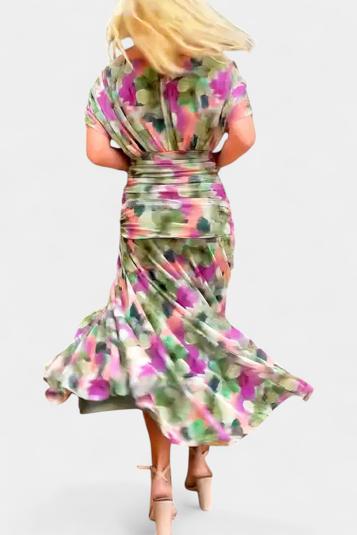 Celene | Chiffon Off-Shoulder Ruched Twist-Front Midi Dress