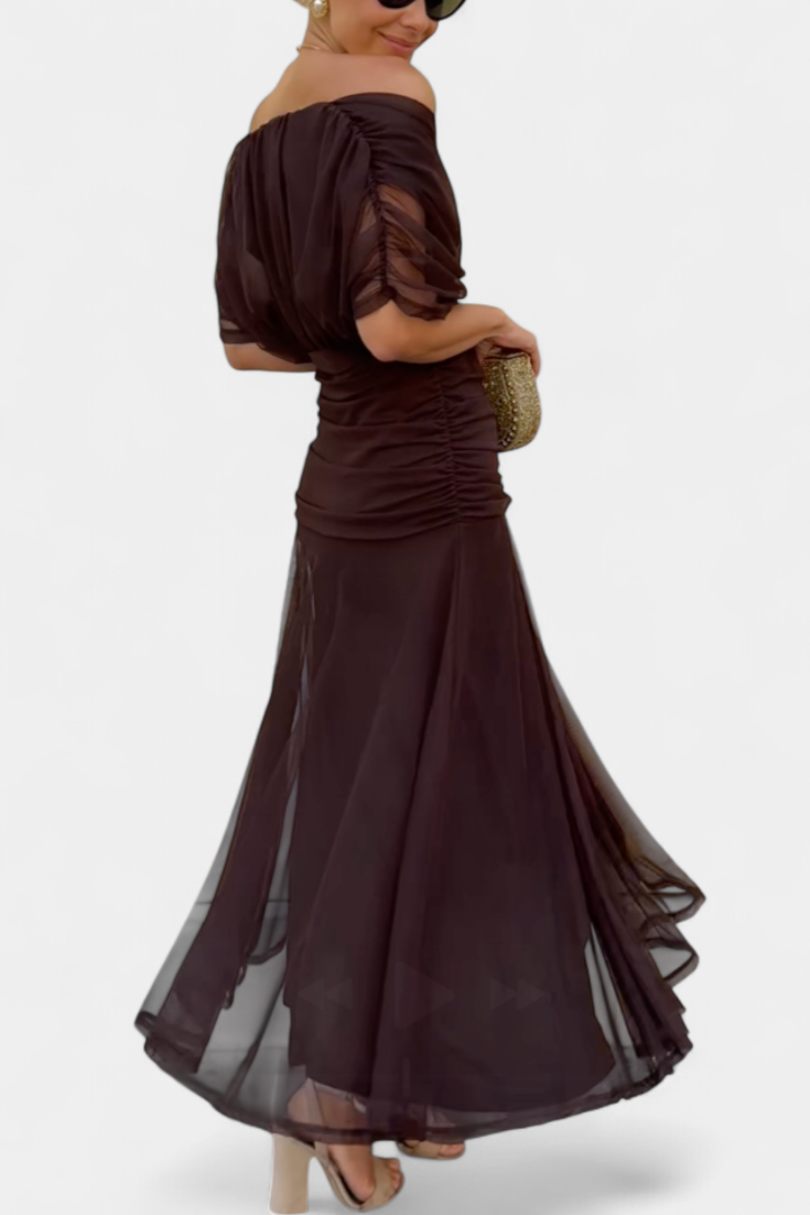 Celene | Chiffon Off-Shoulder Ruched Twist-Front Midi Dress
