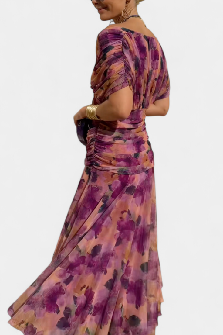 Celene | Chiffon Off-Shoulder Ruched Twist-Front Midi Dress