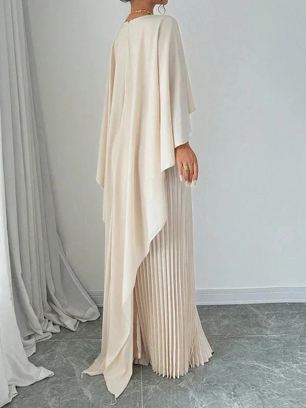 Serenella | Satin Cape Pleated Maxi Dress