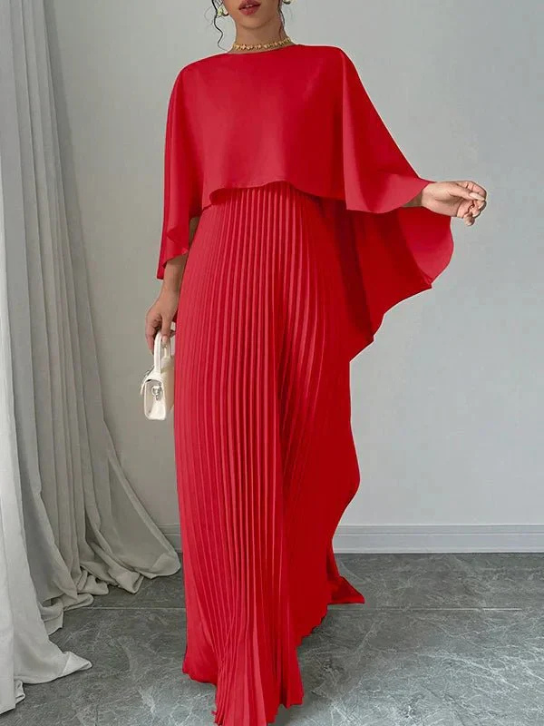 Serenella | Satin Cape Pleated Maxi Dress