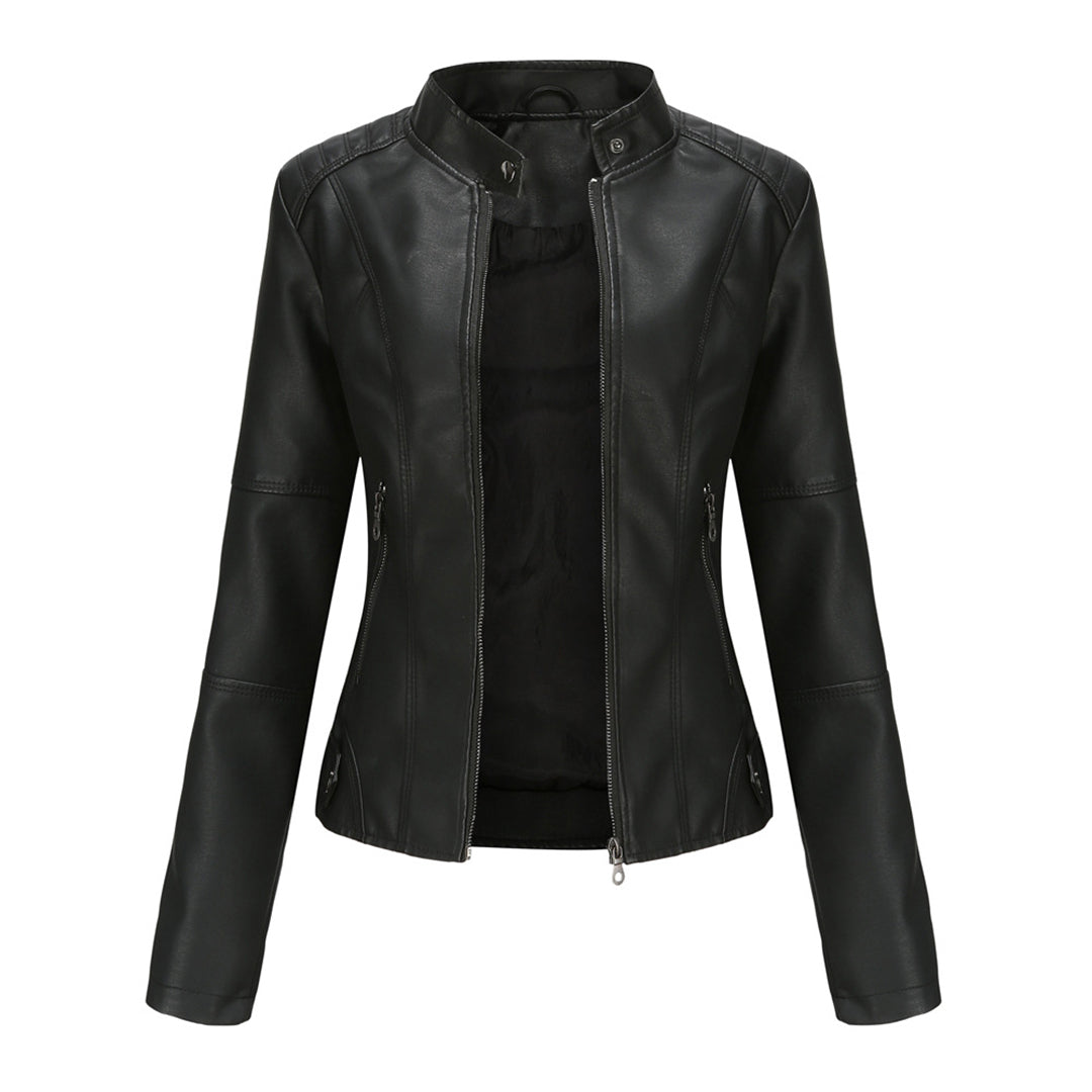 Melisande | Leather Biker Jacket with Stand Collar and Zipper Pockets