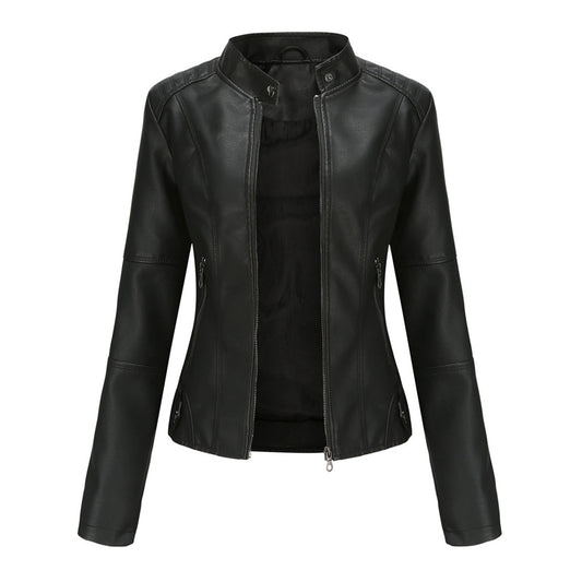 Melisande | Leather Biker Jacket with Stand Collar and Zipper Pockets