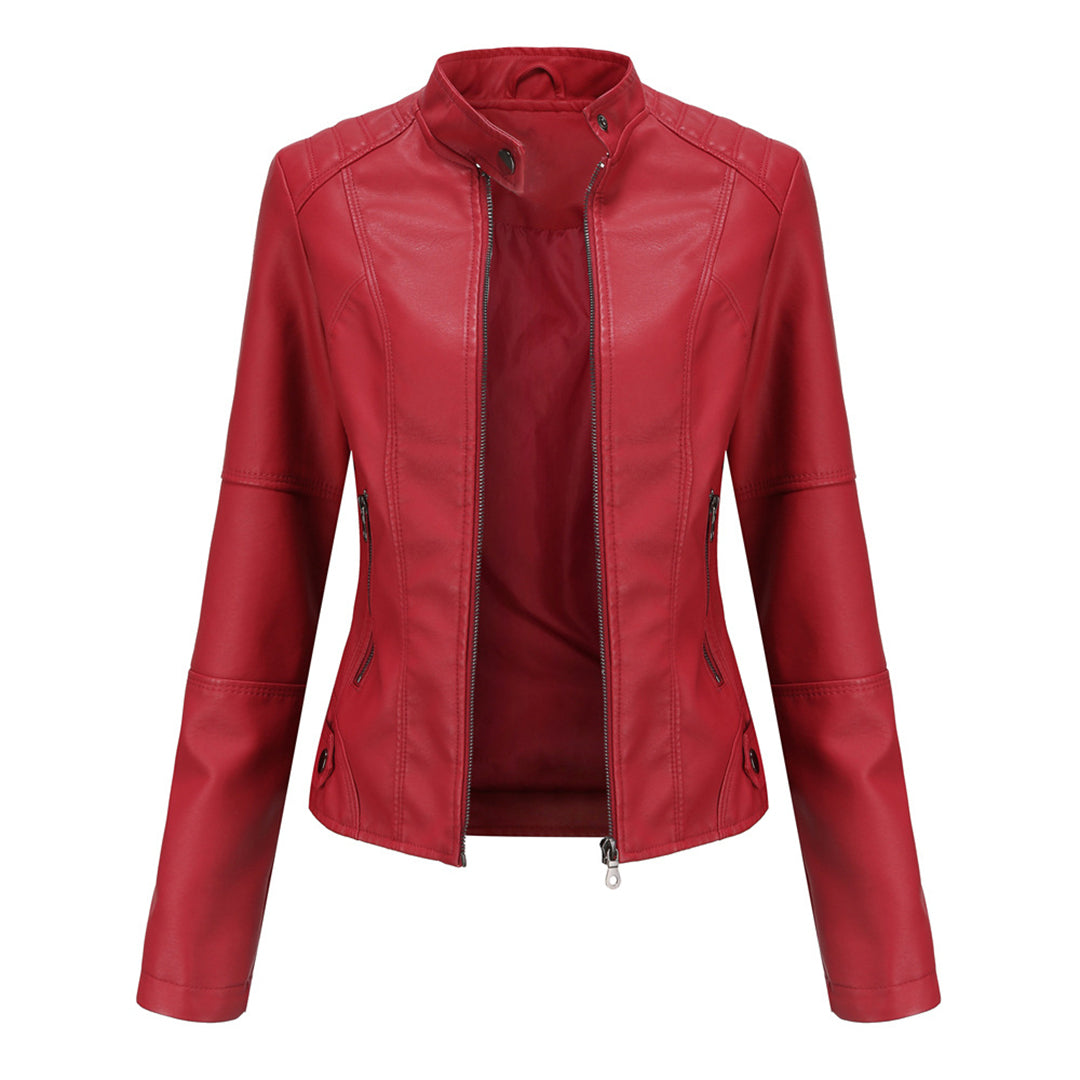 Melisande | Leather Biker Jacket with Stand Collar and Zipper Pockets