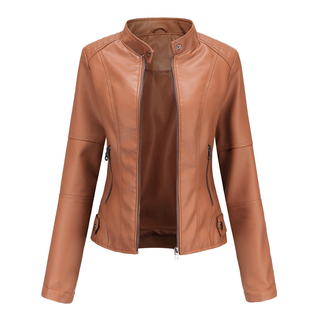 Melisande | Leather Biker Jacket with Stand Collar and Zipper Pockets