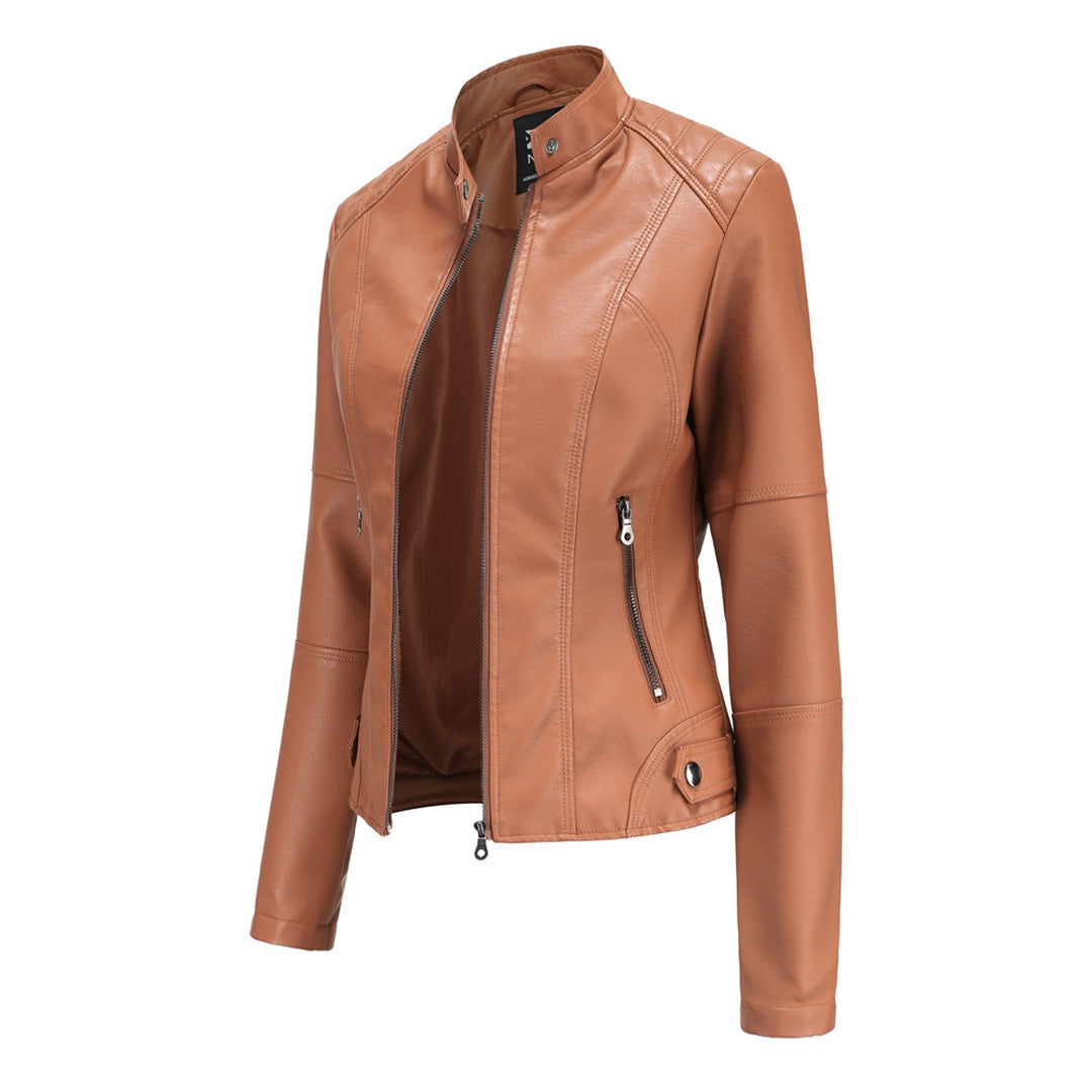 Melisande | Leather Biker Jacket with Stand Collar and Zipper Pockets