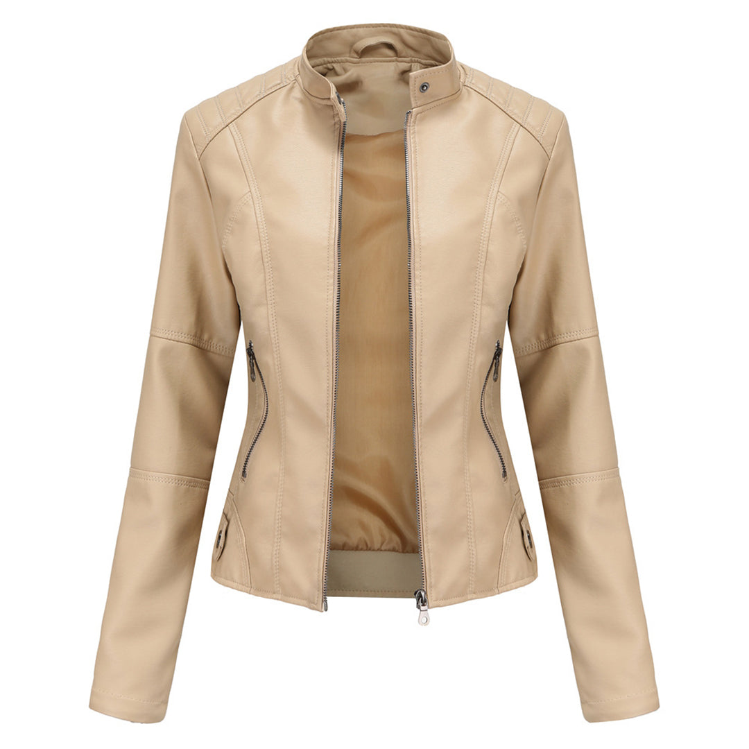 Melisande | Leather Biker Jacket with Stand Collar and Zipper Pockets