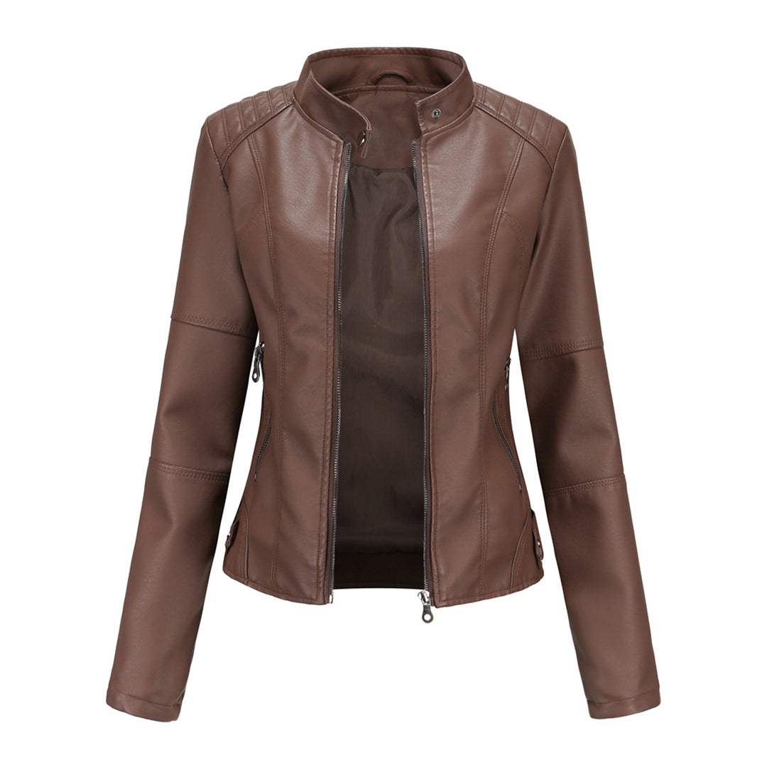 Melisande | Leather Biker Jacket with Stand Collar and Zipper Pockets