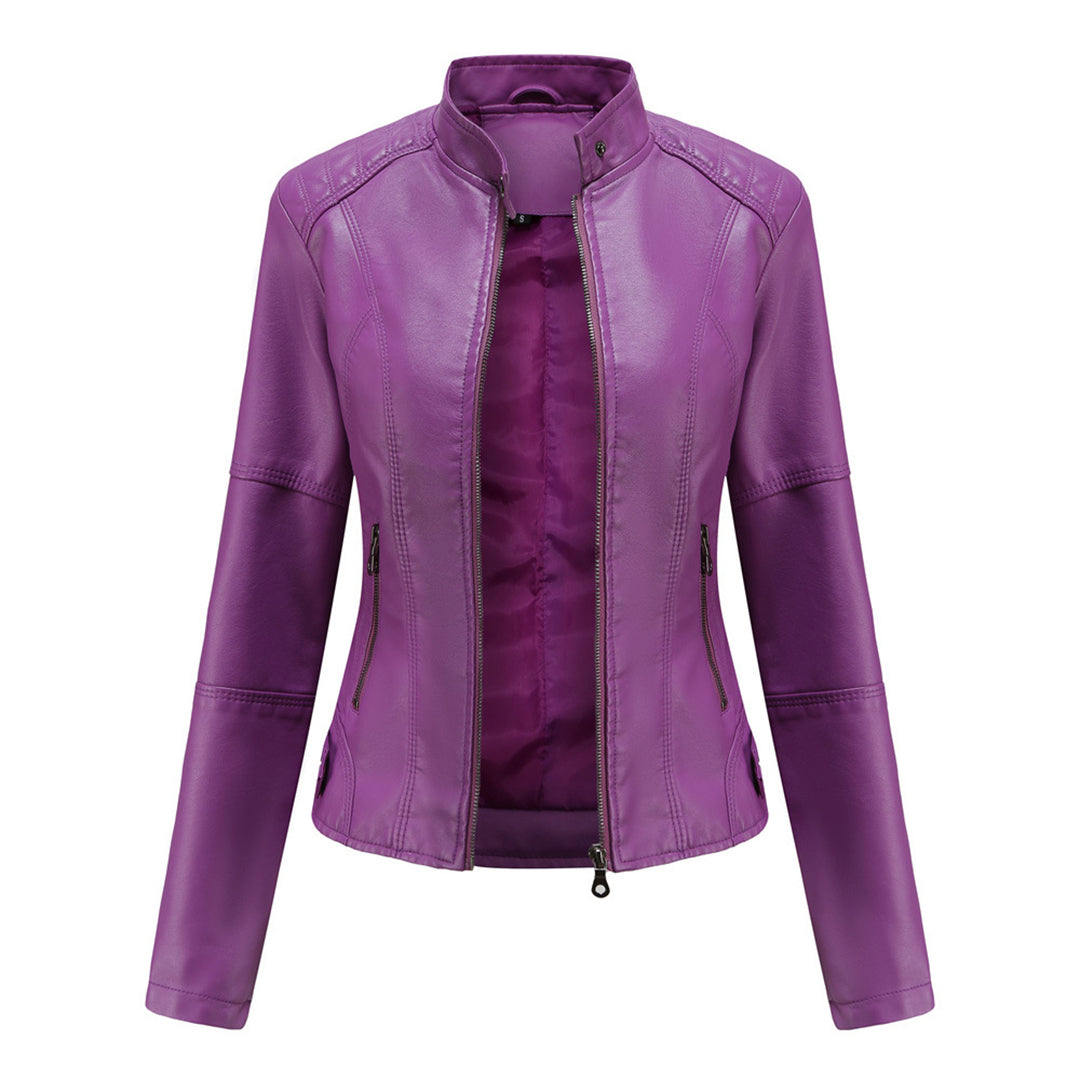 Melisande | Leather Biker Jacket with Stand Collar and Zipper Pockets