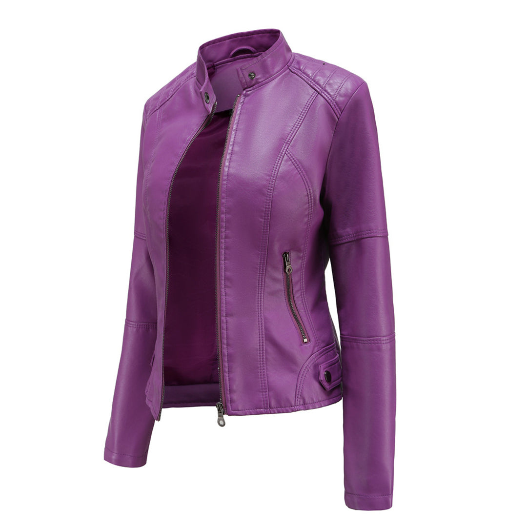 Melisande | Leather Biker Jacket with Stand Collar and Zipper Pockets