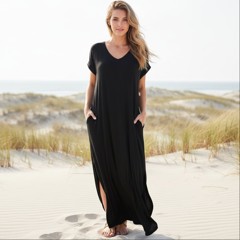 Ianira | Summer Maxi Dress with Short Sleeves and V Neck