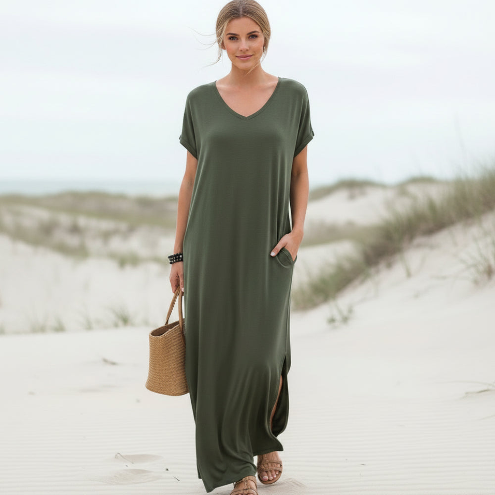Ianira | Summer Maxi Dress with Short Sleeves and V Neck