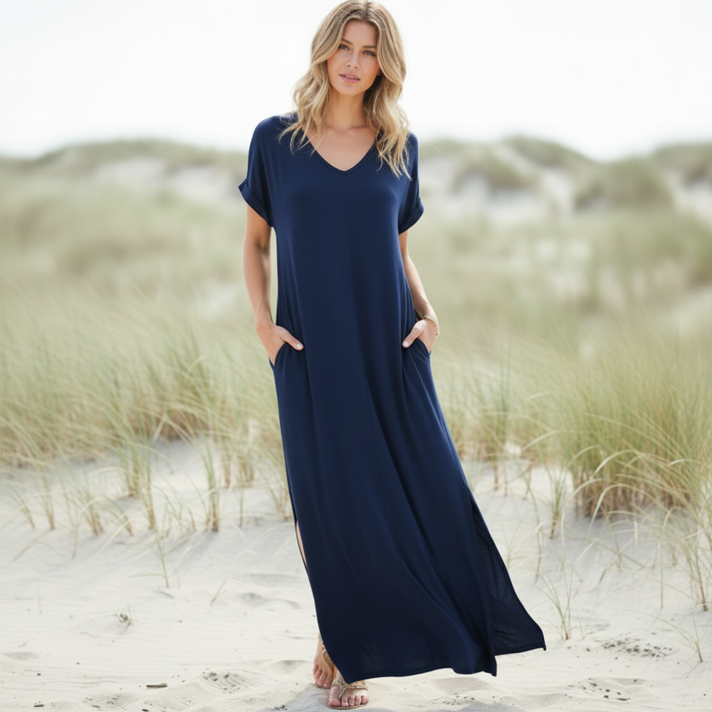 Ianira | Summer Maxi Dress with Short Sleeves and V Neck